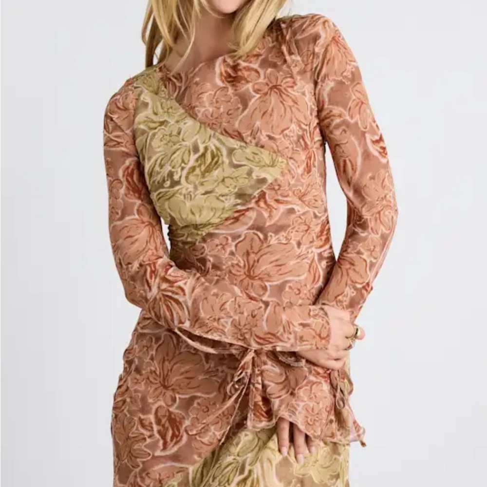 Lulu's Floral Long Sleeve Dress in Brown and Green
